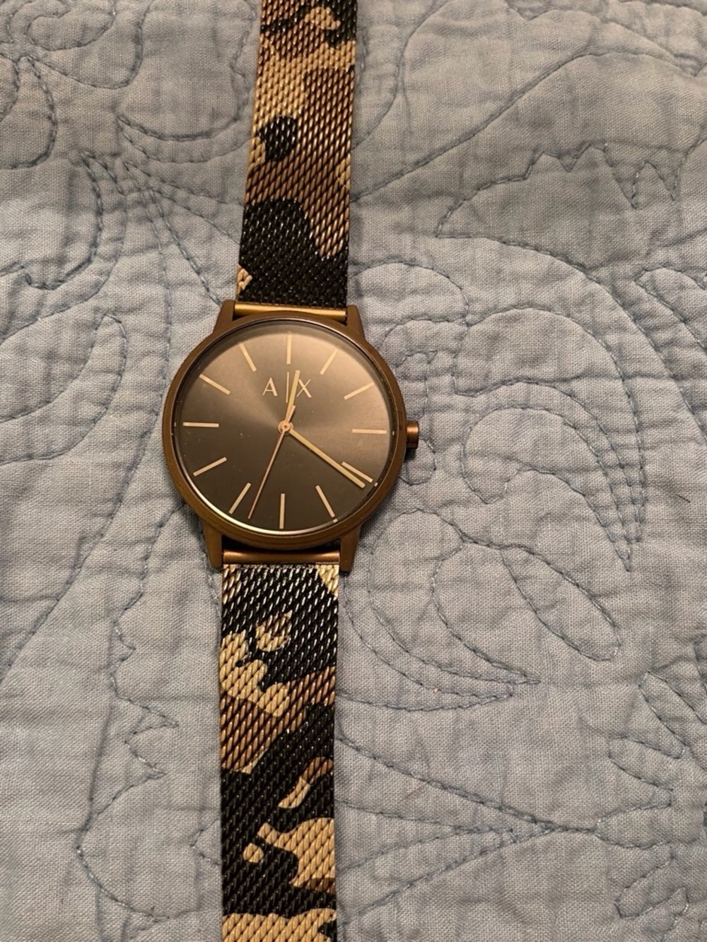 A/X Armani Exchange Gold Case Watch with Black Dial and Camouflage Mesh Strap